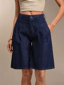 EURMUSE 低腰原色水洗牛仔短裤，休闲风格，深蓝色牛仔布，纽扣拉链闭合 - 深色水洗藍 - 查看 9