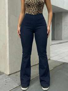 Jeggins dama mujer talle alto tipo acampanados flare ajuste elástico en cintura cómodo ligero moda juvenil versátil stretch - Azul lavado oscuro - Ver 2