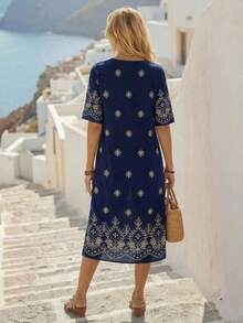 EMERY ROSE Casual Retro Printed Pattern Mid-Length Dress For Women, Suitable For All Seasons Holiday Outfits For Women Elegant Dresses For Women Floral Dress Spring Dress Women Summer Holiday Outfits Beach Outfits For Women,Casual - Multicolor - View 5