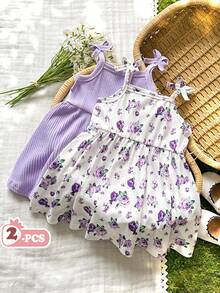 SHEIN Vintaside Kids فستان كاجوال مناسب للجميع للبنات الصغيرات، مزين بطباعة أرنب مائي كرتوني لطيف، مناسب لعيد الحب، عيد الفصح، المناسبات، صور عيد الميلاد، الأنشطة الخارجية، الراحة المنزلية، العطلات، الربيع/الصيف، قطعتان - الأرجواني - مشاهدة 4