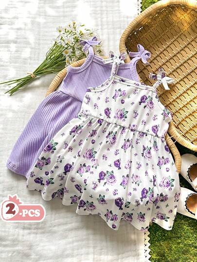 SHEIN Vintaside Kids Bộ 2 váy hai dây in hình thỏ hoạt hình màu nước dễ thương cho bé gái, thích hợp cho Ngày Valentine, Lễ Phục Sinh, các lễ hội, chụp ảnh sinh nhật, hoạt động ngoài trời, thư giãn tại nhà, kỳ nghỉ, mùa xuân/hè.