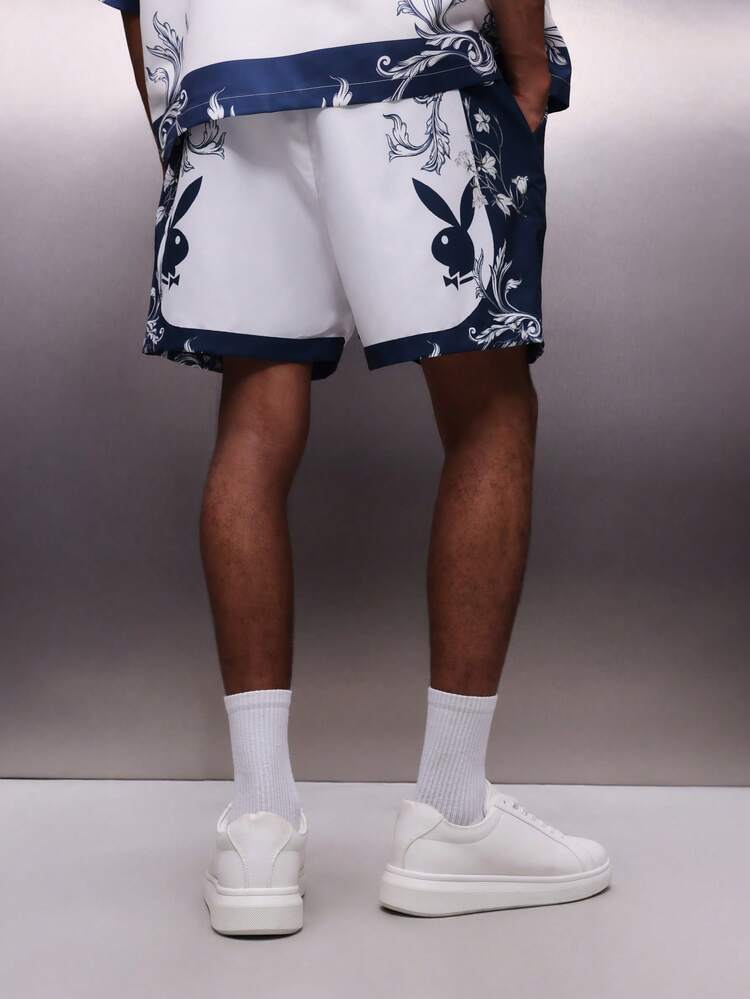 PLAYBOY X SUMWON Baroque Print Drawstring Shorts With Ornate Motifs