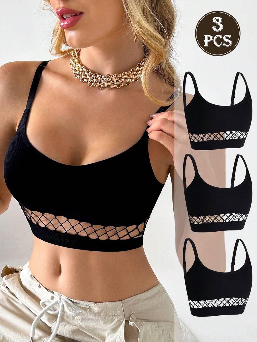 SuitURBody 3pcs Women Seamless Sexy Hollow Camisole Crop Top, High Elasticity, Soft & Comfortable, Non-Restrictive Daily Wear - Black - View 1