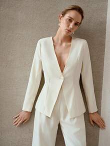 MOTF PREMIUM V领收腰极简日常通勤女式西装外套 - 白色 - 查看 6