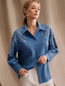 Anewsta Spring/Summer New Arrival Modern Fashion Embellished Rhinestone & Pearl Decor Women Elegant Blouse Rhinestone Shirt - Blue - View 5