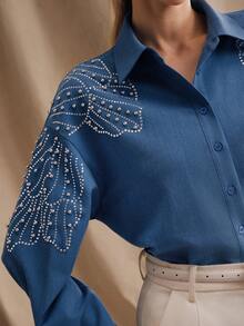 Anewsta Spring/Summer New Arrival Modern Fashion Embellished Rhinestone & Pearl Decor Women Elegant Blouse Rhinestone Shirt - Blue - View 1
