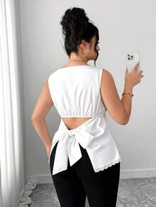 Elenzga Plus Size Women's Round Neck Sleeveless Back Tie Solid Color Lace Trim Elegant Blouse - White - View 2