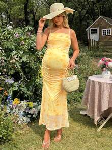 SHEIN Maternity Minimalist Mesh Floral Print Slip Dress - Yellow - View 5