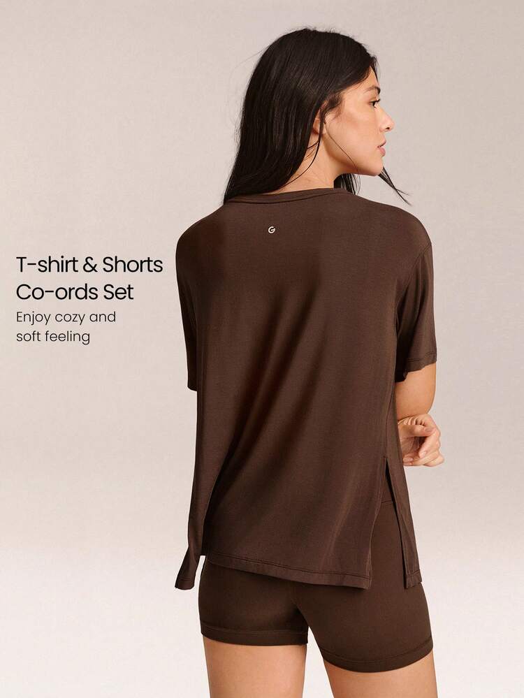 2 Pieces Tencel™ Modal 4.3'' Everymode Soft Silky Oversized Tee & FeatherFit™ Buttery-Soft Lightweight Sweat-Wicking Crossover Waist Biker Shorts Low Impact Gym Studio Cycling Workout Running Daily Active Wear