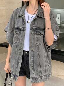 EURMUSE Loose Casual Half Sleeve Denim Jacket - Grey - View 3