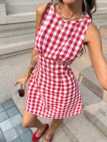 Pariaura 女士新款无袖圆领格子修身简约短裙 - 紅色 - 查看 6