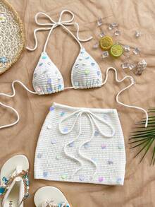 Soleia Conjunto de 2 piezas de top corto de punto con escote halter con lentejuelas y minifalda de punto para vacaciones de mujer - Blanco - Ver 1