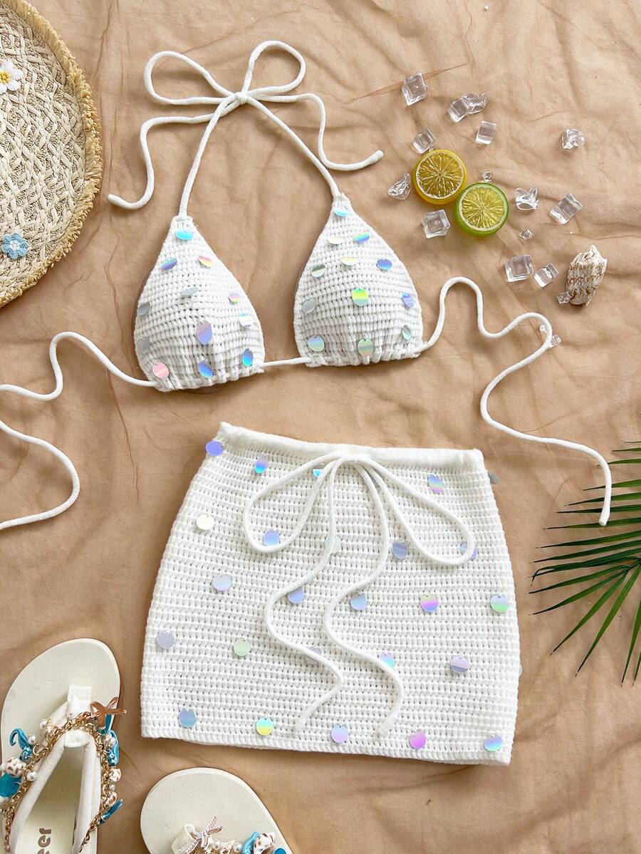 Soleia Conjunto de 2 piezas de top corto de punto con escote halter con lentejuelas y minifalda de punto para vacaciones de mujer - Blanco - Ver 1