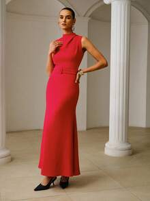 ZEYLAH Elegant Sleeveless Waist Cinched Dress, Spring/Summer - Red - View 5