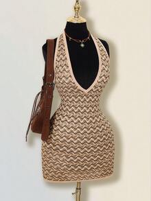 SHEIN ICON Vestido mini con escote en V profundo, sin espalda y cuello halter a rayas - Multicolor - Ver 6