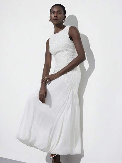 Aveloria Modichic Elegant Embroidered Beaded Hem Satin-Feel Fabric Flared Hem Round Neck Sleeveless Fitted Party Dress