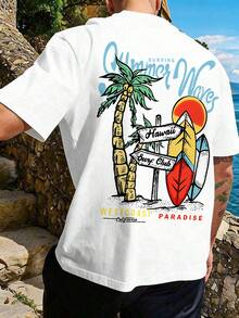 Manfinity Chillmode Áo thun nam in hình sóng biển mùa hè, cây cọ và lướt sóng, phong cách thường ngày mùa nghỉ dưỡng bờ biển phía Tây. - Nhiều màu - Xem 3