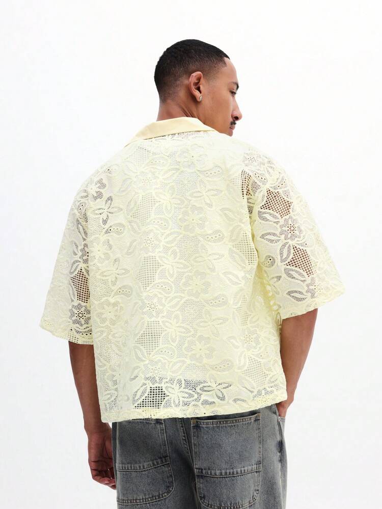 Mens Boxy Fit Embroidered Lace Resort Shirt Short Sleeve Button Down Collared Summer Vacation Beach Casual Top