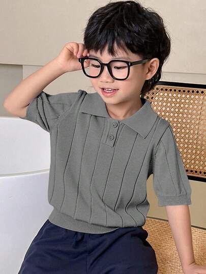 Dazy Kids Young Boy Solid Color Polo Collar Button Half Placket Casual Versatile Daily Wear Knit Short Sleeve Top