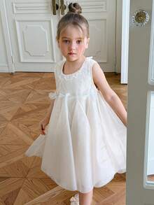 DAZY 女童圆领无袖网纱可爱公主裙，秋季装扮 - 杏色 - 查看 4