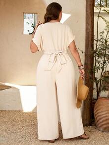 SHEIN Clasi Plus Size Women's Solid Color Button Design V-Neck Short Sleeve Twist Waist Wide Leg Casual Jumpsuit Gym Brown Summer - Apricot - View 2