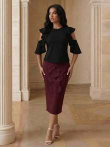 Savoree Regata feminina elegante com detalhes em babados, modelo ombro a ombro com babados, um dos mais vendidos. - Preto - Ver 4