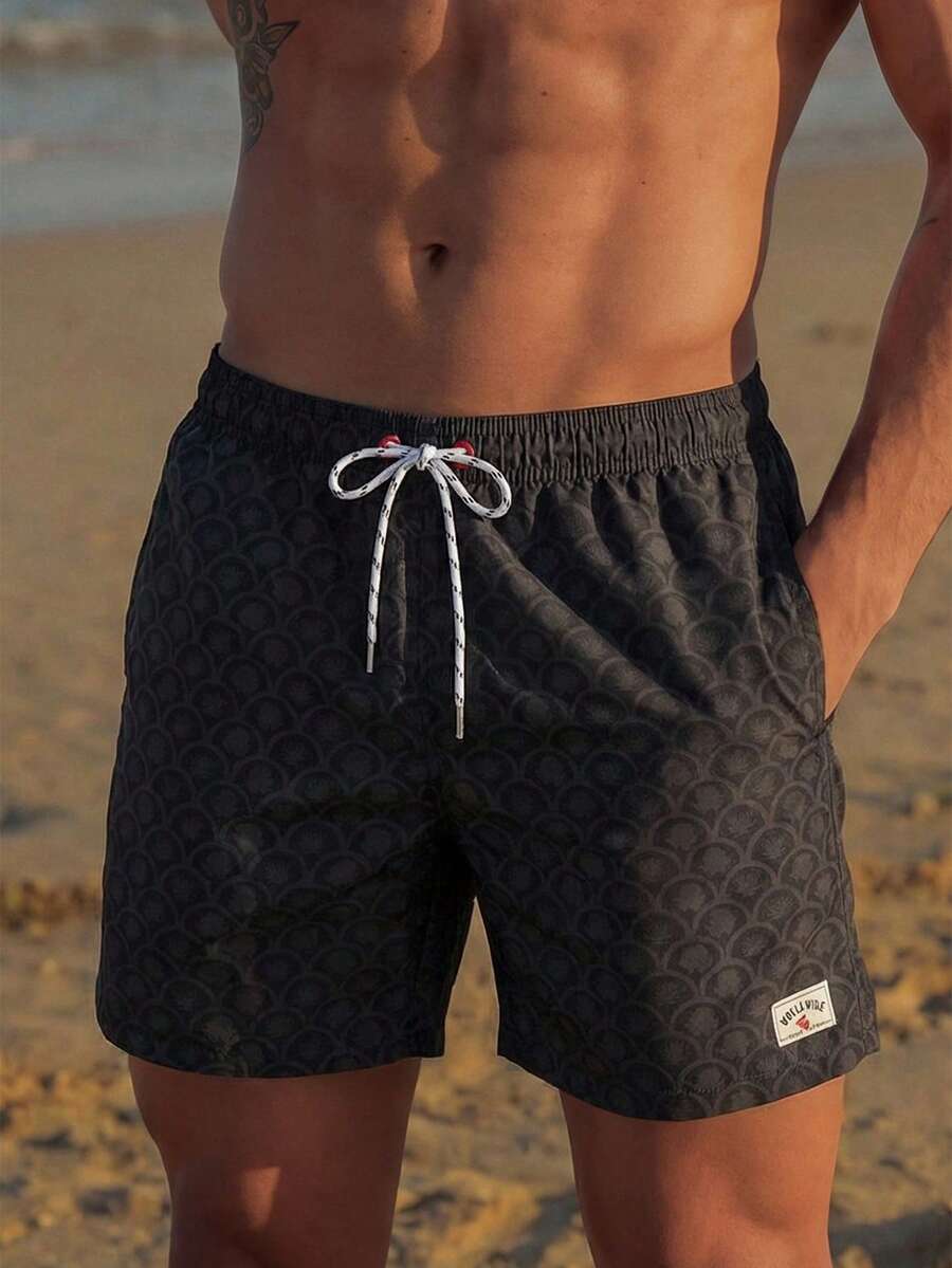 Manfinity EZcore Plus Size Men's Letter Print Drawstring Waist Loose Beach Shorts Men Swim Trunks - Black - View 1