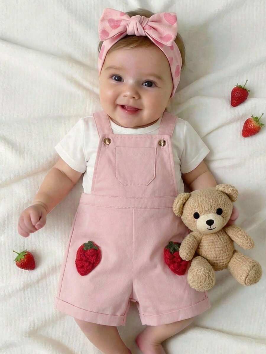 SHEIN Baby Girl Cute Versatile Casual Pink Strawberry Pattern Bib Shorts - Multicolor - View 1