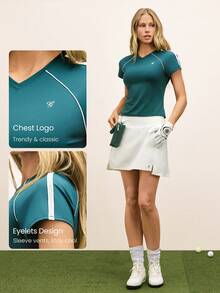 GLOWMODE Ace It 顺滑清凉修身及臀撞色滚边V领衬衫，适合网球、高尔夫、匹克球等运动，日常休闲穿着 - 綠色 - 查看 3