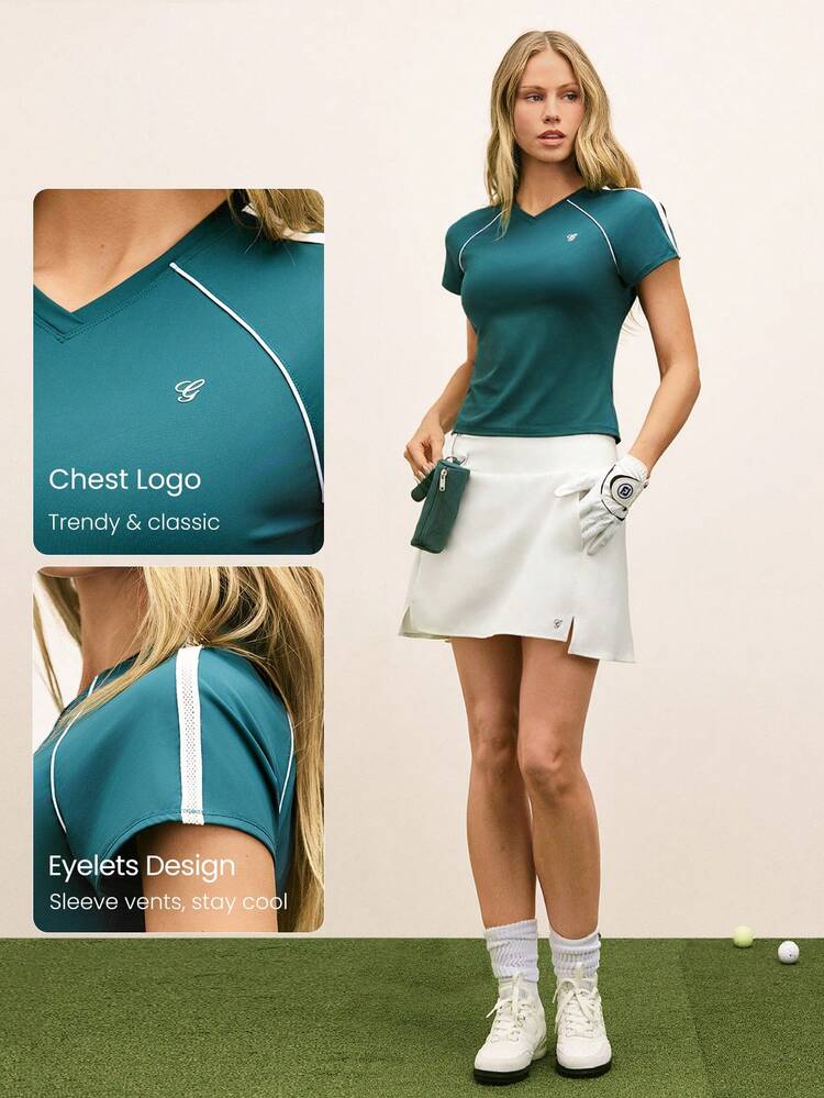 GLOWMODE Ace It Smooth Cooling Hip Length Slim Fit Contrast Piping Front Logo V-Neck Shirt Tennis Golf Pickleball Daily Casual Wear - Green - View 3