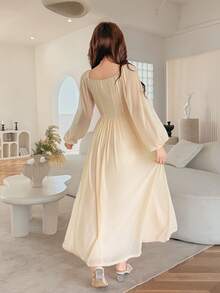 女士纯色方领长袖人字纹饰边优雅连衣裙 - 杏色 - 查看 3