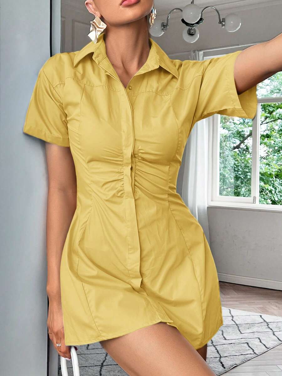 Aveloria Modichic 夏季纯色优雅短袖连衣裙，翻领设计，女士优雅连衣裙 - 黃色 - 查看 1