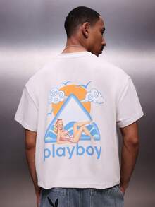 PLAYBOY X SUMWON 男士图案短袖圆领休闲T恤，饰有复古三角印花，假日系列 - 杏色 - 查看 1