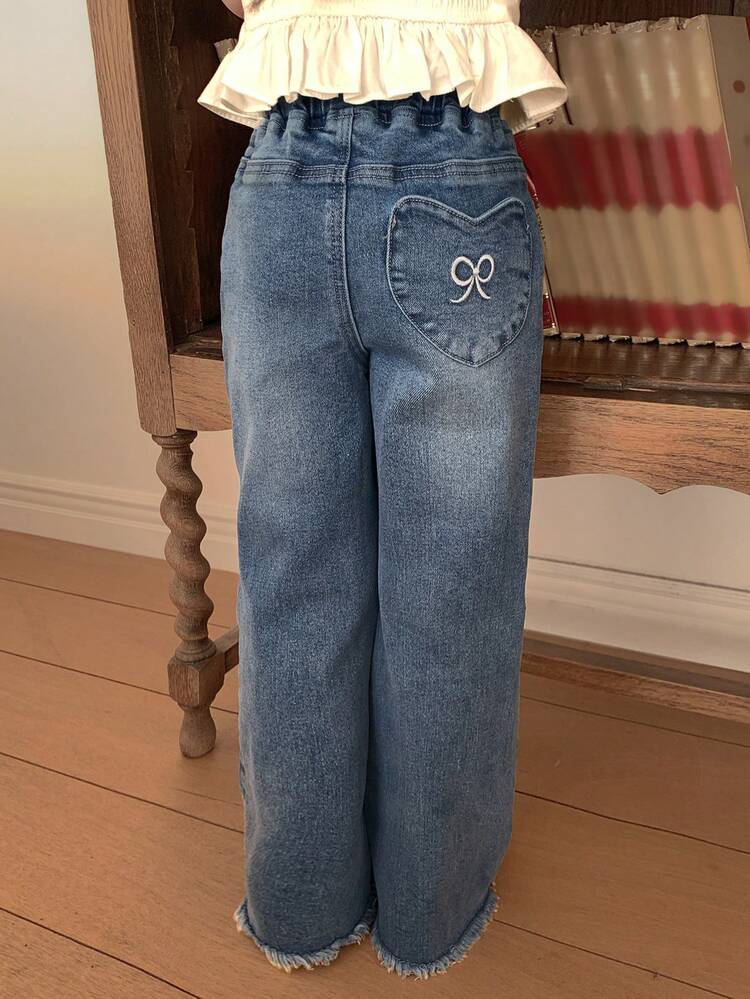 Young Girls Embroidered Flare Denim Pants, Fall
