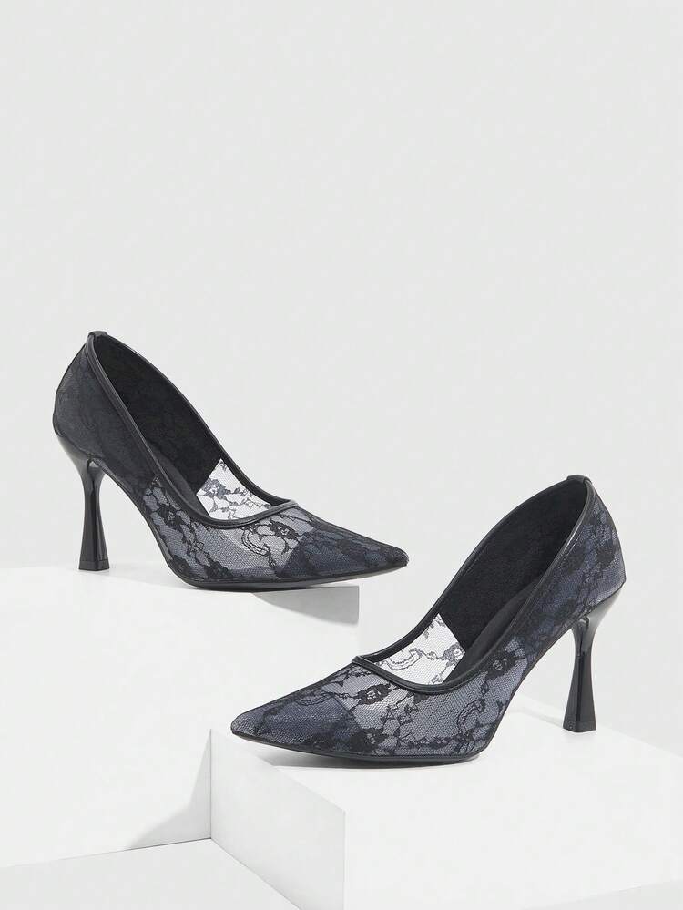 CUCCOO SZL Women Shoes Autumn New Back Bag Mesh Stiletto Heels Pointed Toe Embroidered Shoes Spring Shoes