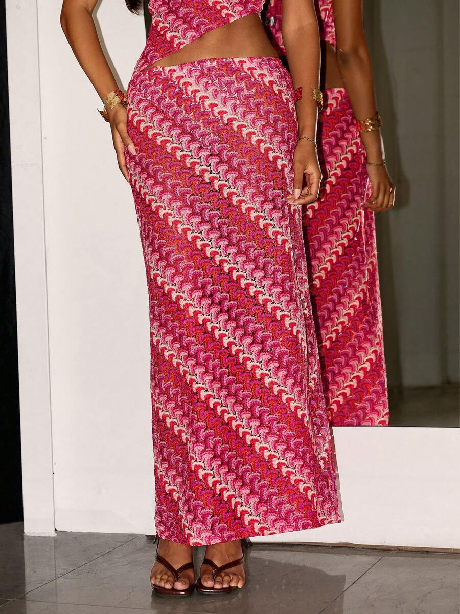 SHEIN ICON 女士条纹美人鱼下摆修身半身裙 - 紅色 - 查看 1