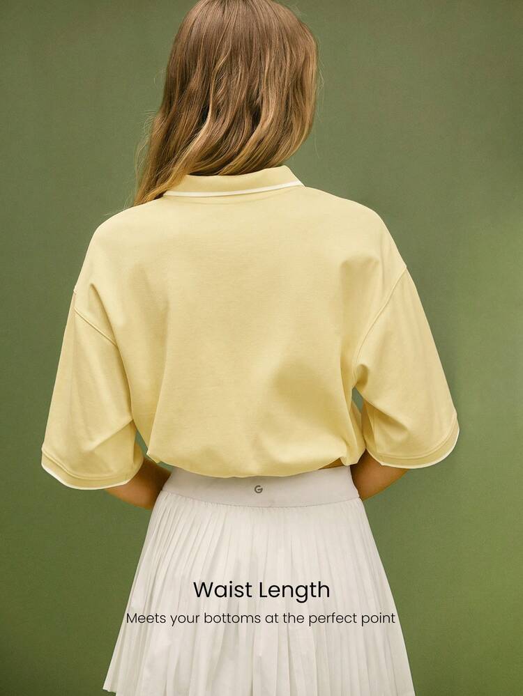 Cotton Pique Clubhouse Relaxed Fit Contrasting Neckline Cuff Trim Adjustable Drawstring Hem Cropped Cinched Polo Top Tennis Golf Pickleball Daily Casual Wear