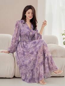 DAZY 女士优雅印花褶皱中长连衣裙，春夏款 - 紫色 - 查看 8