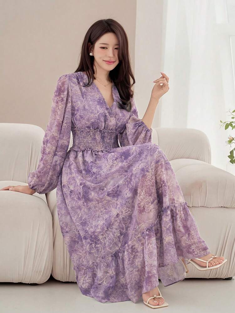 DAZY 女士优雅印花褶皱中长连衣裙，春夏款 - 紫色 - 查看 8