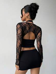 Aloruh Women's Spring/Summer New Yellow Elegant Sexy Fashionable Pure Romantic Date Beach Vacation Crochet Lace Hollow Out Halter Crop Top And Low Waist Maxi Skirt 2-Piece Set - Black - View 3