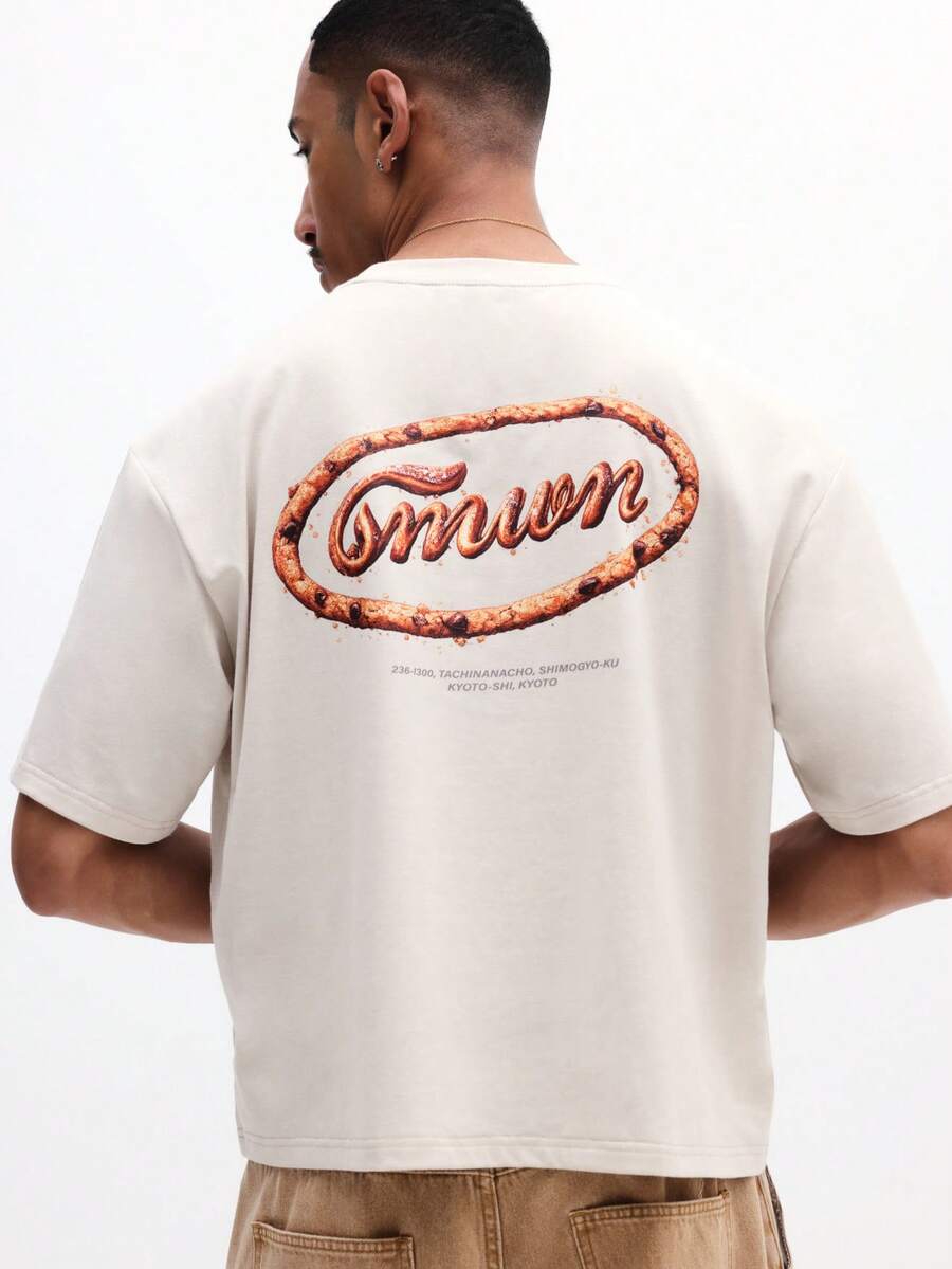 SUMWON Men's Casual Box Fit Printed Short Sleeve Crew Neck T-Shirt With Japanese Inspired Chain Link Logo Design Summer Basic Cotton Tee - Apricot - View 1