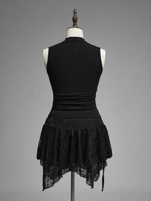 ROMWE Goth Camiseta ajustada de cuello alto con diseño hueco de ojo de serpiente estilo gótico bohemio - Negro - Ver 2