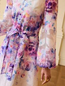 ZEYLAH Women's Elegant Hollow-Out Floral A-Line Waist Cinched Dress - Multicolor - View 3