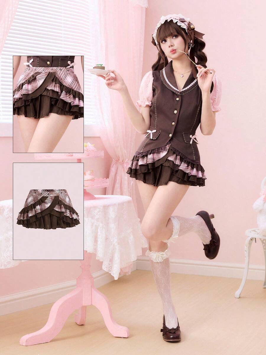 ROMWE Kawaii 可爱甜美粉色格子拼接蕾丝边蛋糕裙（女款） - 彩色 - 查看 1