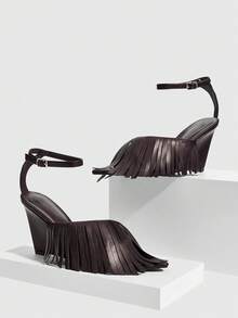 CUCCOO SZL Sandalias elegantes de tacón alto con diseño de borlas y hebilla para mujer - Café integral - Ver 2