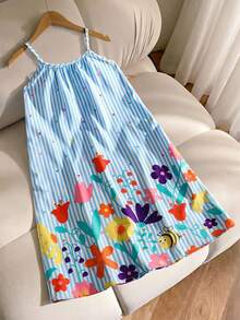 Sparklyn Vestido casual de vacaciones sin mangas con estampado de rayas de colores y volantes en el bajo para niñas preadolescentes - Azul - Ver 2