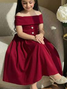 SHEIN Đầm chữ A màu đỏ tía trơn thanh lịch dành cho bé gái tuổi teen, kiểu dáng trễ vai đính đá lấp lánh. - Màu Đỏ Sâu - Xem 7
