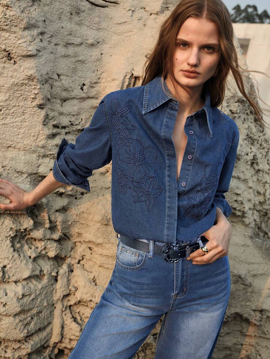 MOTF PREMIUM 刺绣深色水洗牛仔基础款衬衫，春夏款 - 深色水洗藍 - 查看 1