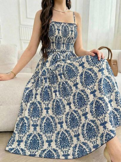 Sparklyn 1pc Teen Girl Spring/Summer Casual Vacation Woven Floral Digital Print Sleeveless Dress With Detachable Bow Decor, Fitted Waist And Flared Skirt, Elegant And For Daily, Party And Event Wear