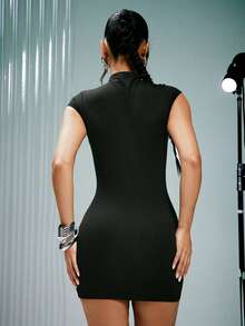 Denimoi Women's Sleeveless Mandarin Collar Open Front Dress - Black - View 5